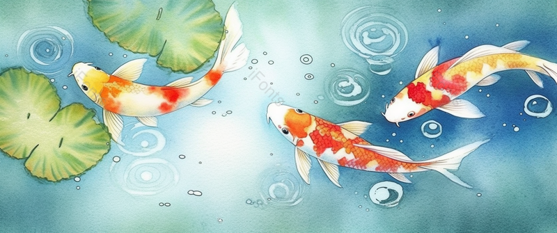 手绘水彩池塘里锦鲤金鱼卡通插画背景,插画/手绘图,插画/手绘图库,插画/手绘图下载,插画/手绘